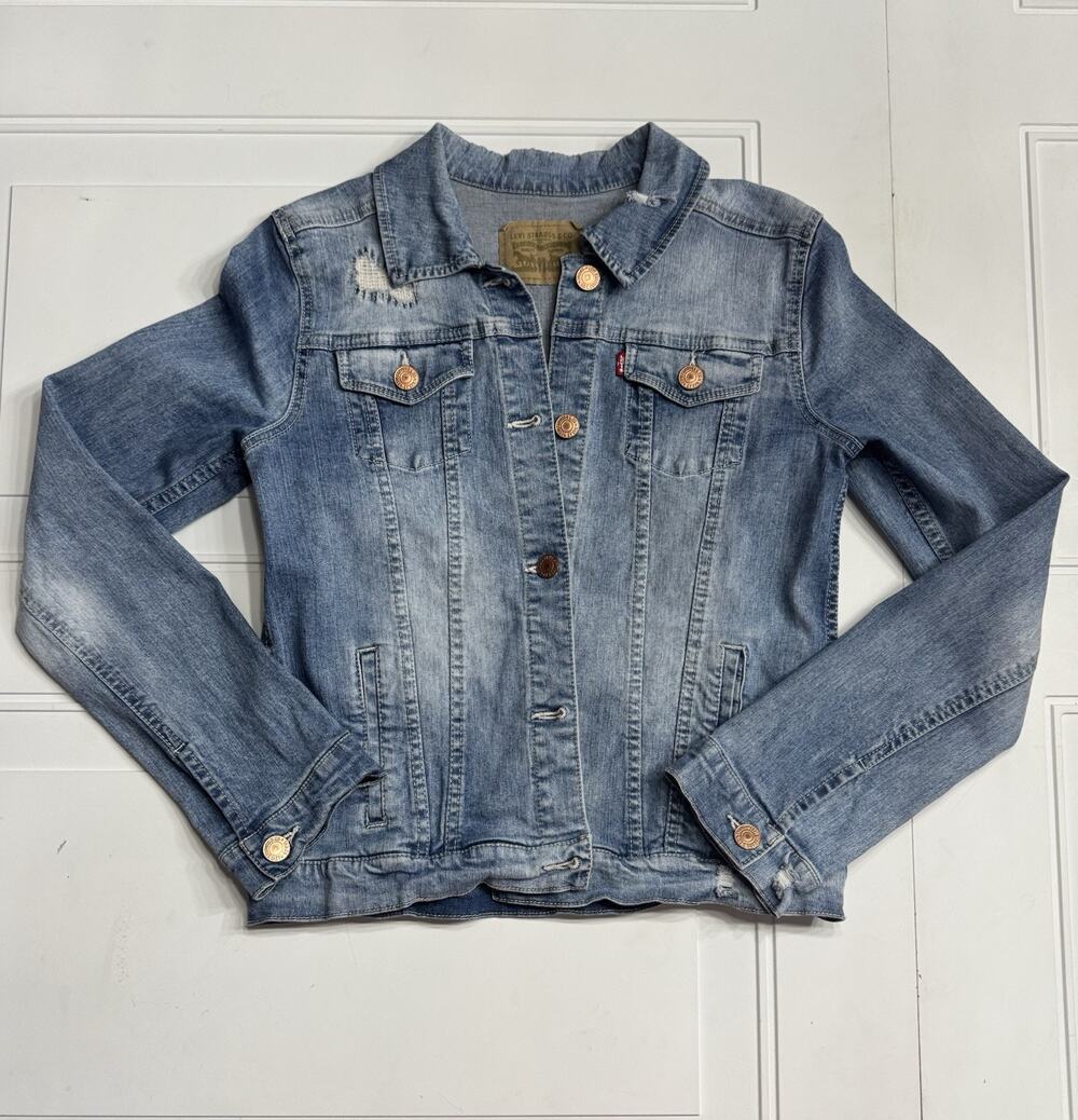 Levis Jean Jacket Womens Small Blue Light Was Denim Premium Trucker Distressed